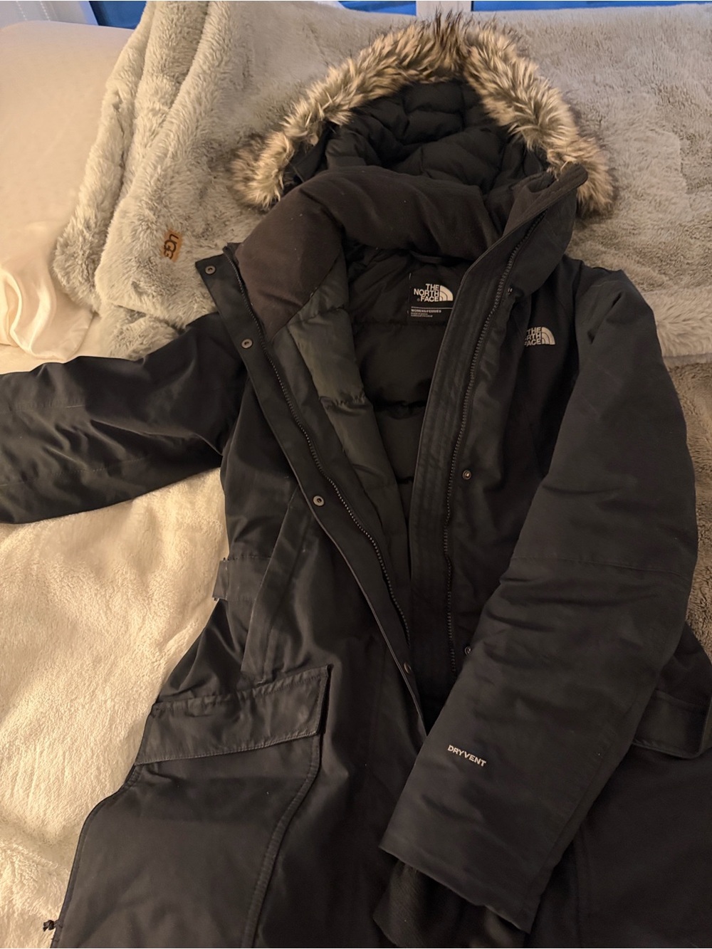 Women’s Medium The North Face Black Puffer Parka with Faux Fur Hood